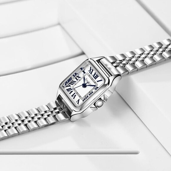 ?Women Silver Square Watches with Roman Numerals Ladies Casual Dress Watch